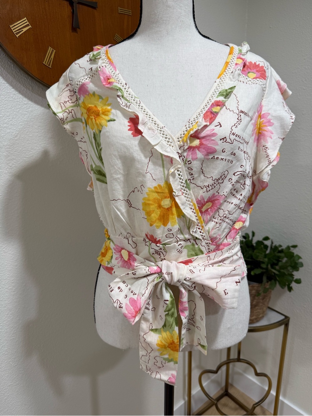 Calypso St Barth Floral Map Print Linen Wrap Top Ruffle Tie Waist size S